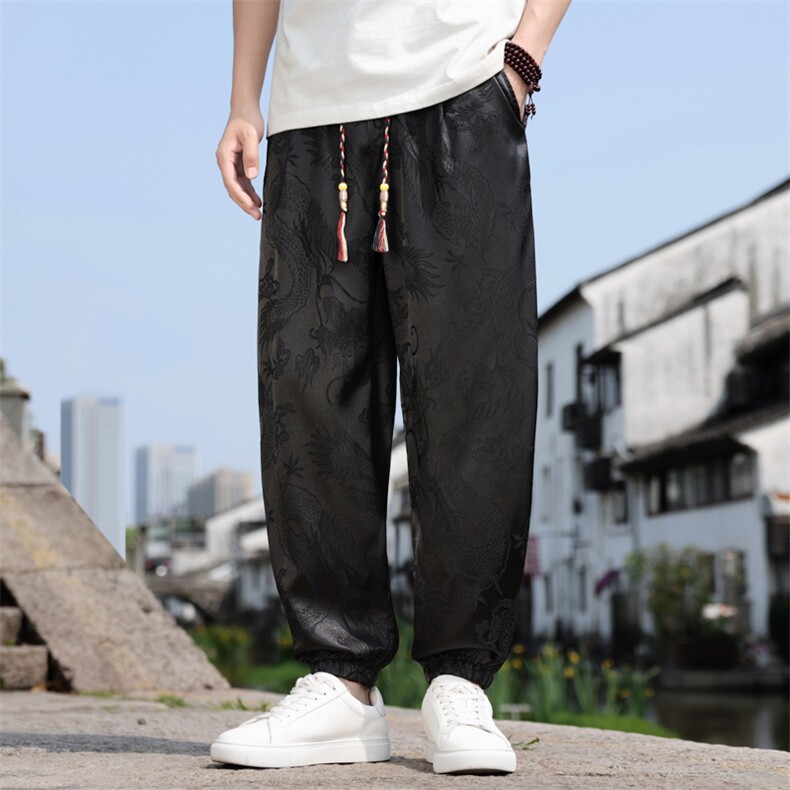 夏季冰丝龙纹提花休闲裤束脚长裤风男装男士A266-1-KZ885-P35图片