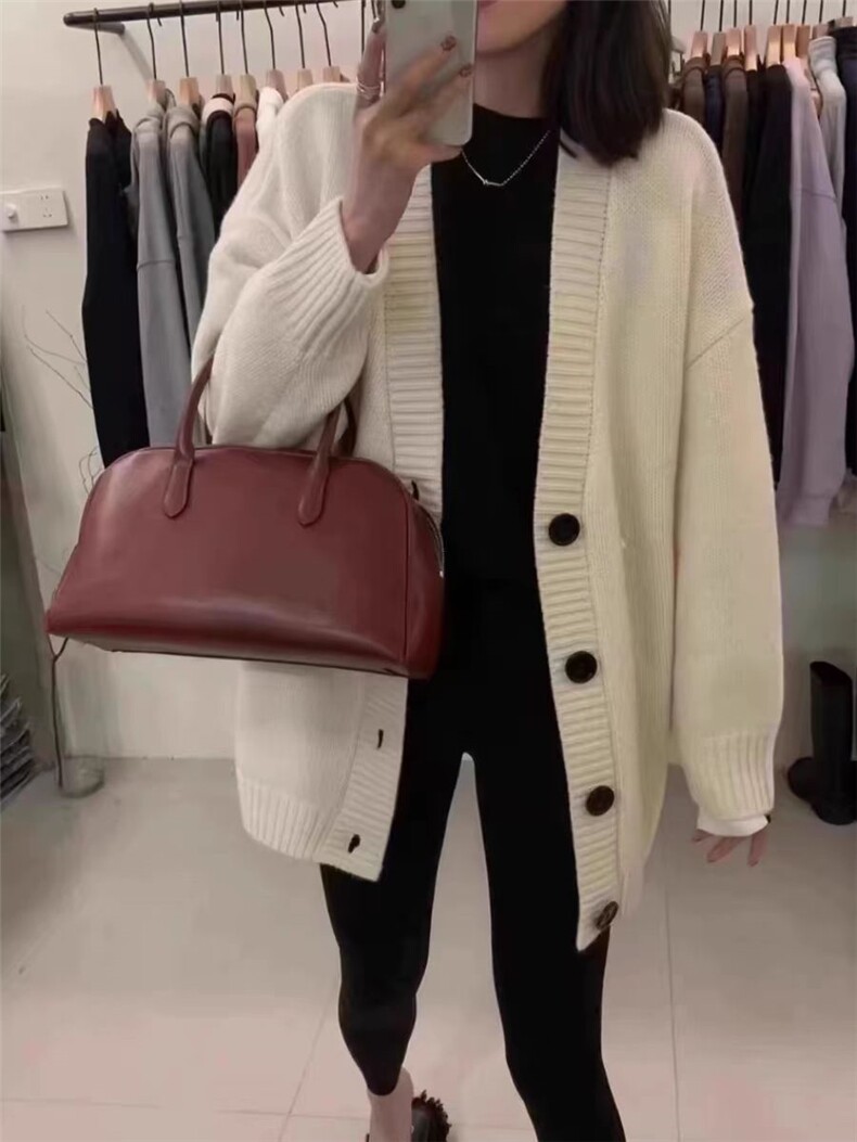 欧洲站秋冬大V领羊绒开衫女中长款宽松加厚毛衣100羊毛针织外套，女装羊毛衫，恒恩羊绒