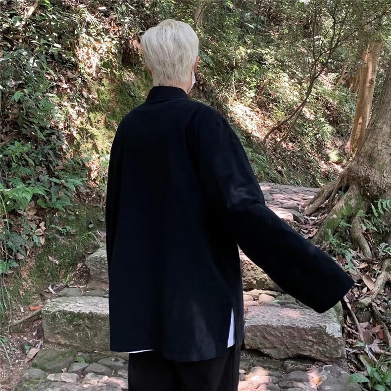 新中式国风亚麻盘扣唐装长袖黑色衬衫男装中山装道袍夏季薄款外套,男装衬衫,星座1116-2