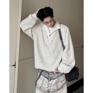 美式男士卫衣慵懒风彩点假两件翻领毛衣外衣宽松休闲针织衫图片