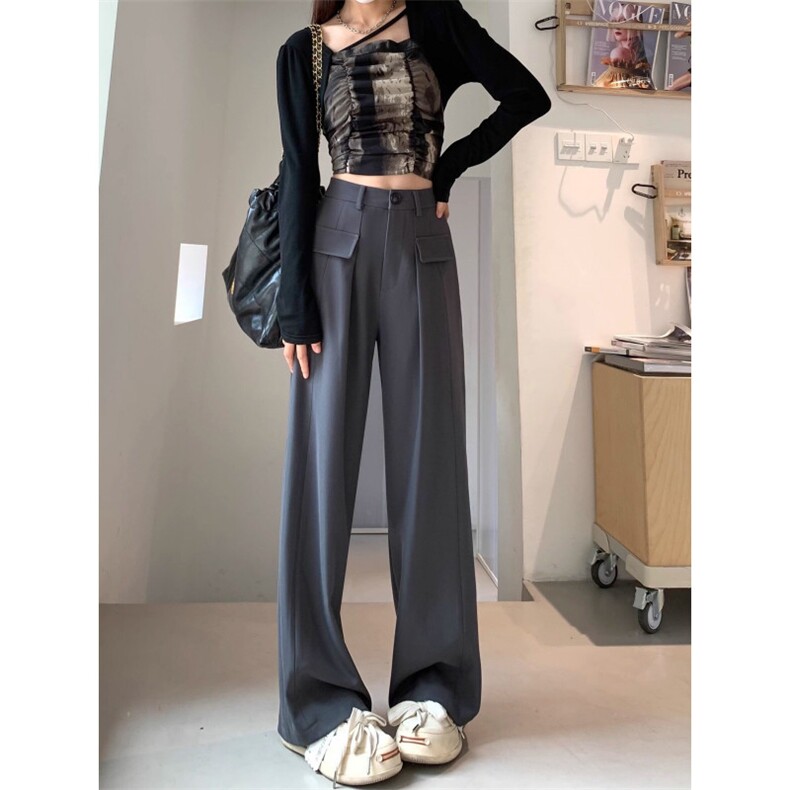 AK2401-p48灰色阔腿裤女春夏季新款高腰垂感西装裤,女装休闲裤,星座617A-2