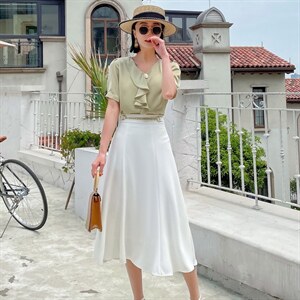 2022夏季新款时尚气质荷叶边小衫+休闲半身裙两件套，女装套装/套裙，时尚俏佳人