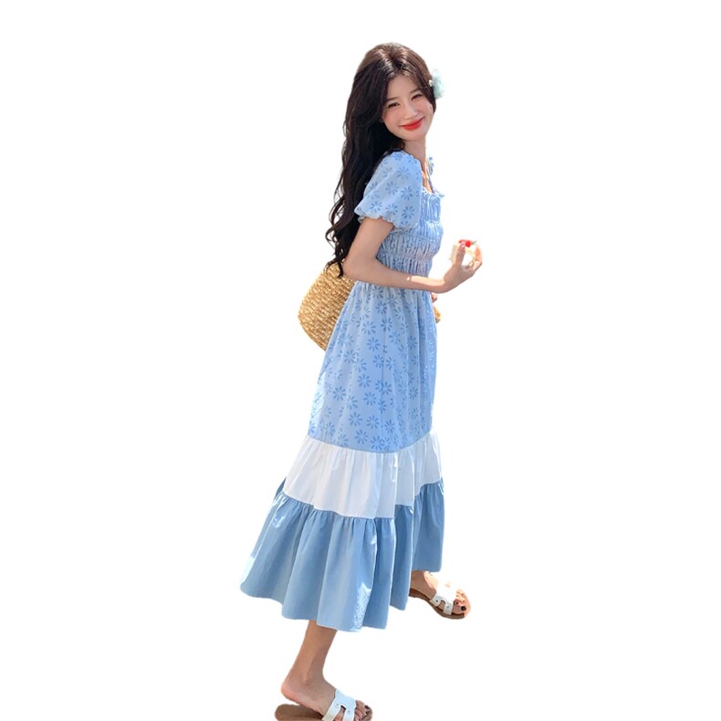 蓝色法式打揽设计高腰连衣裙女2025夏季新款印花撞色泡泡袖裙子,女装连衣裙,浙宝285（原212）