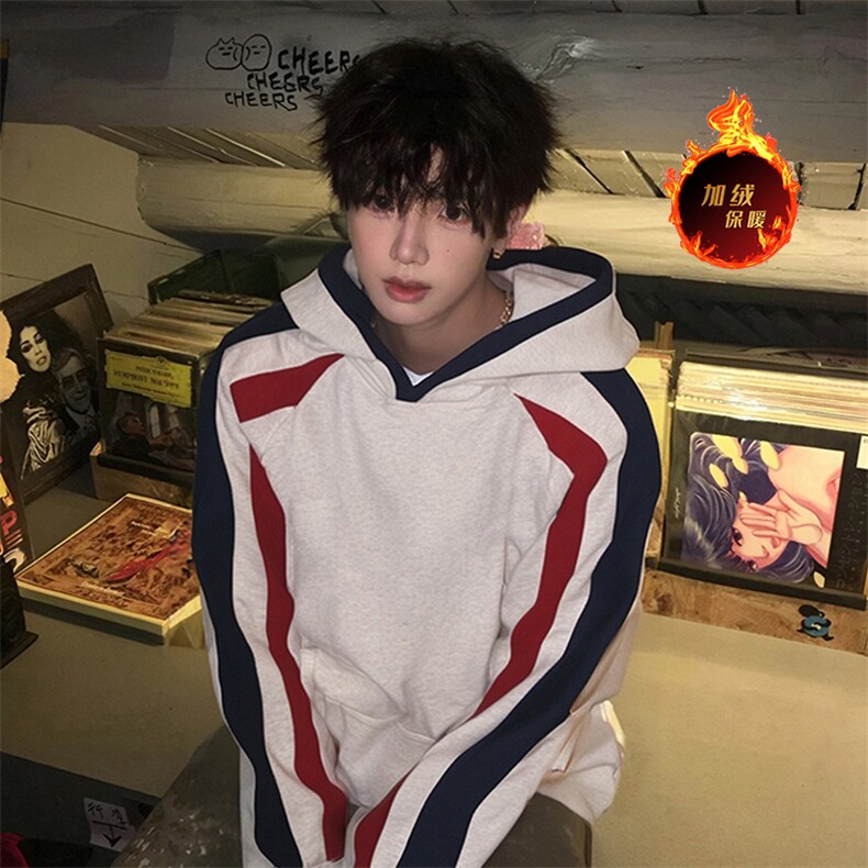 抖音得物高品质全棉支持退换加绒加厚宽松拼接撞色连帽卫衣CM32,男装卫衣,电商A486