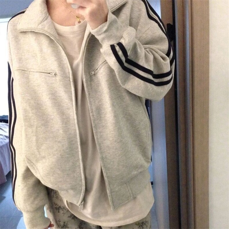 立领春秋宽松灰色夹克卫衣男女潮2025新品百搭潮流网红上衣三条杠,男装夹克,星座506A