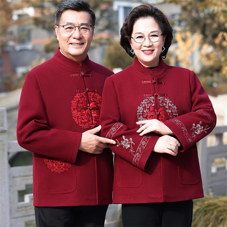 2024年秋冬新款中老年男女款立领长袖刺绣羊毛呢外套,女装毛呢外套,衣恋羊绒