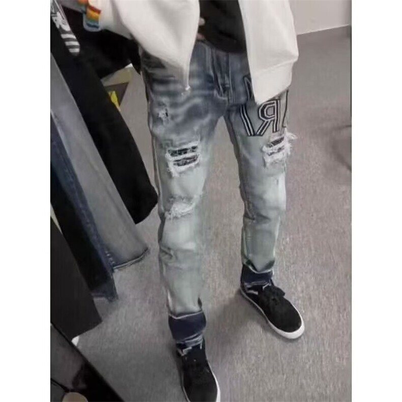 破洞贴布刺绣牛仔裤男士潮流补丁修身小脚时尚潮牌弹力个性裤,男装牛仔裤,星座506A