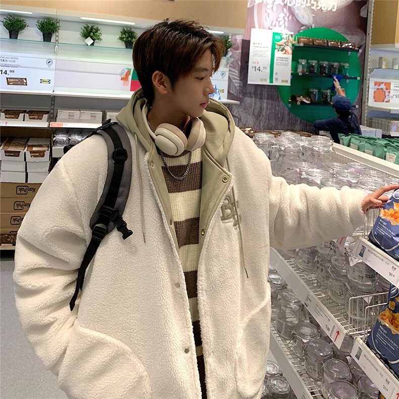 EQ334字母绣花拼接撞色羊羔毛外套男冬季加厚棉衣港风潮流棉服,男装棉衣,电商C306-1