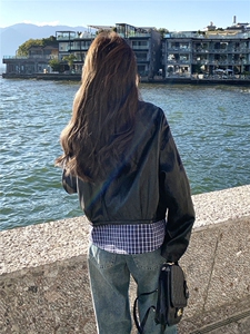 设计感假两件格纹拼接皮衣短外套女2026春季新款宽松休闲显瘦夹克图片