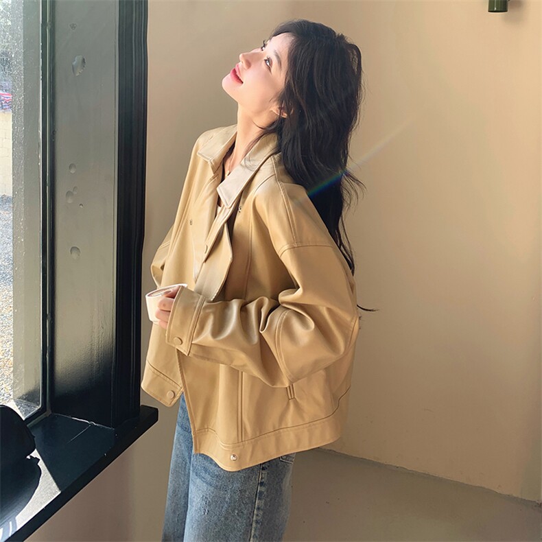 2025年春季新款黄色皮衣外套女百搭港风复古小个子机车服夹克上衣,女装皮衣,2C198