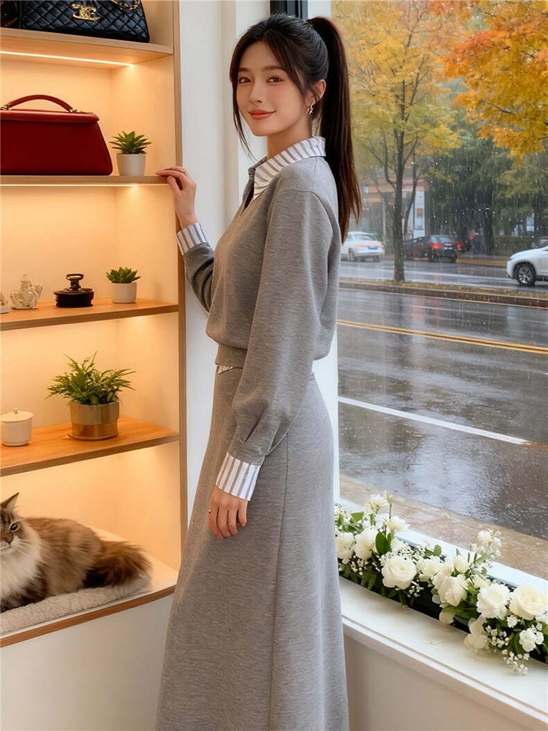 高端轻奢撞色拼接衬衫领卫衣套装女秋季新款时尚休闲半身裙两件套,女装套装/套裙,江南