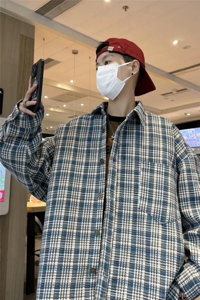 23秋冬日系潮牌加厚格子衬衫复古长袖衬衣外套中性风H223/P50,男装衬衫,钱塘713