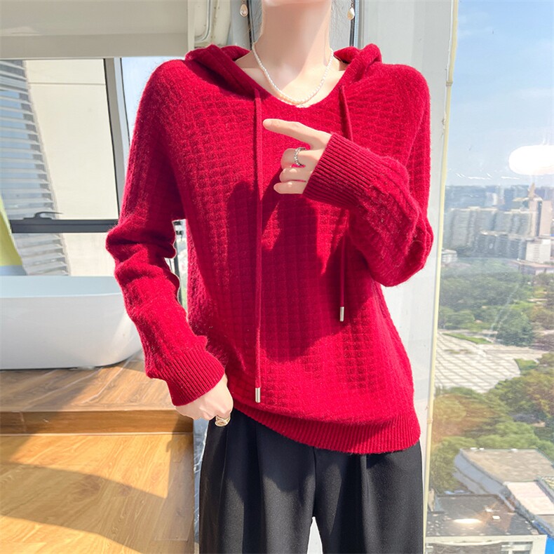 时尚百搭女士羊毛连帽衫羊毛华夫格纯色宽松显瘦毛衣,女装羊毛衫,暮绒羊羊绒