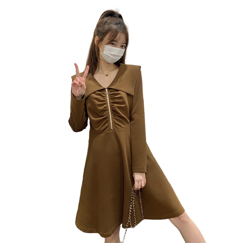 法式咖色海军领长袖连衣裙女2024春秋新款小个子设计感显瘦A字裙,女装连衣裙,2C057