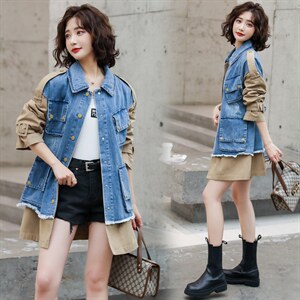 现货-牛仔拼接风衣女2024秋装新款韩版宽松中长款百搭港风外套，女装风衣，霓裳依族