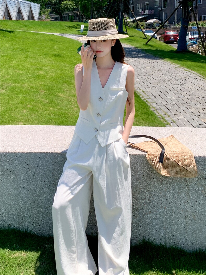 时尚洋所马甲套装女夏季新款职场风V领西装马夹外套阔腿裤两件套,女装套装/套裙,水衣源