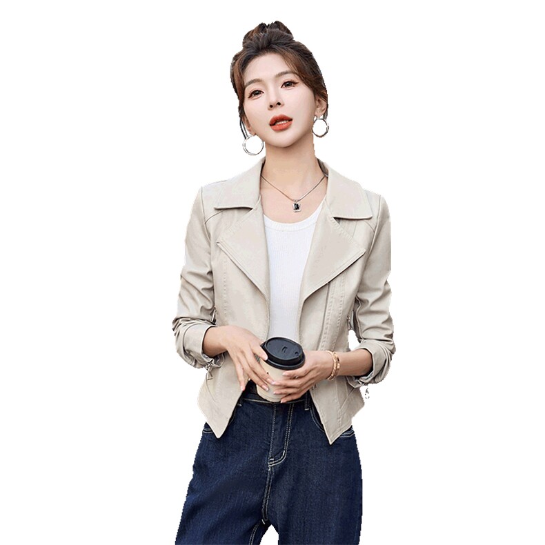 2025春装新款小个子修身显瘦机车短款皮衣夹克,女装皮衣,自然秀