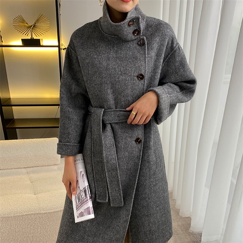 2024秋季新款纯色长袖中长款羊毛毛呢大衣通勤百搭，女装双面呢大衣，贝源羊绒