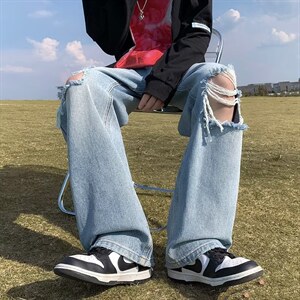 牛仔裤男秋季潮大码休闲裤子高街N9019P40图片