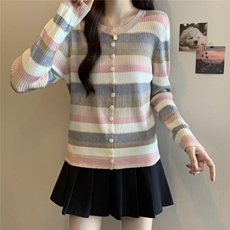 2025秋冬百搭时尚简约三色彩虹开衫针织衫，女装针织衫/毛衣，沐策羊绒