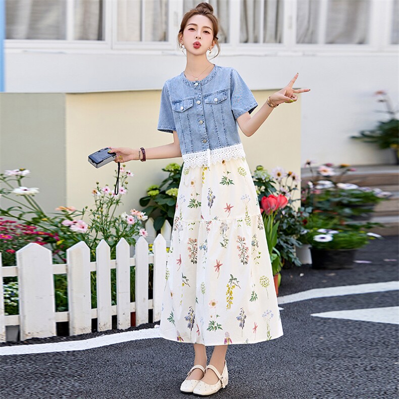 新款现货新中式夏季时尚休闲圆领拼接小上衣半身裙两件套,女装套装/套裙,丽美静依