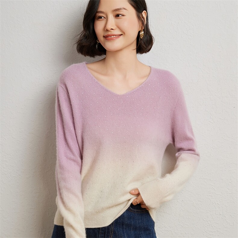时尚优雅女士渐变色V领衫10%加烫钻设计显瘦百搭款,女装羊绒衫,臻维羊绒