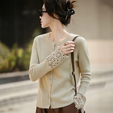 2025秋冬百搭时尚简约袖口袖花开衫，女装羊毛衫，邦太羊绒