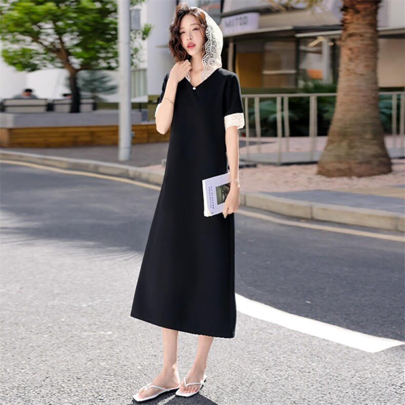设计感时尚长款连衣裙女夏季新款显瘦纯色蕾丝拼接短袖连帽休闲裙,女装连衣裙,江南