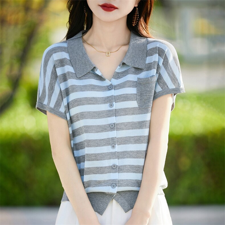 POLO领短袖T女开衫条纹撞色天丝亚麻针织衫宽松新款时尚飞袖上衣,针织衫/毛衣,暖烁羊绒