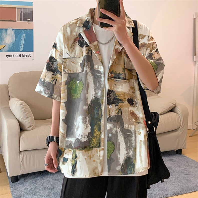 2023夏季ins复古油画碎花短袖衬衫男女bf设计休闲花衬衫W904-P35,男装衬衫,星座512-2