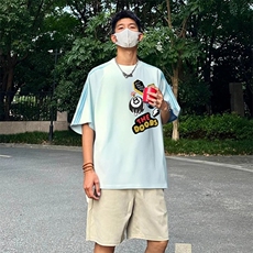 抖音得物品质二开240克宽松纯棉美式潮牌印花三条杠中性风短袖T恤，男装T恤，电商A486