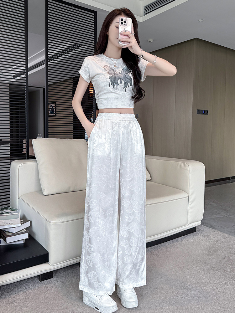 水衣源2247款夏季新款缎面提花垂感凉爽阔腿裤女显瘦中式长裤,商品下架区,水衣源