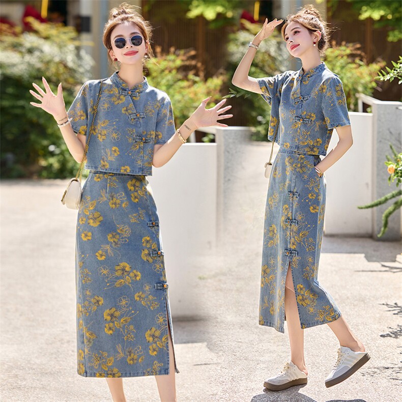 新中式盘扣牛仔套装裙女2025年夏季新款复古印花半身裙两件套,女装套装/套裙,关键词