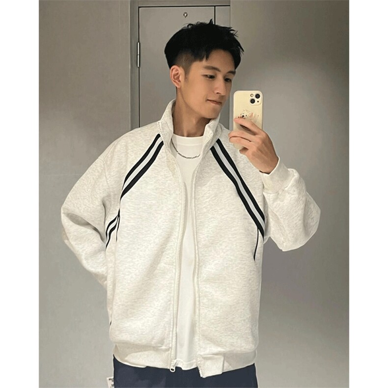 潮立领撞色条纹卫衣男春秋新款百搭宽松慵懒美式运动开衫外套,女装短外套,星座506A