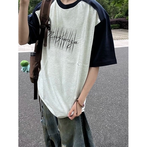 抖音得物高品质二开240克宽松纯棉美式潮牌插肩袖拼接短袖T恤图片