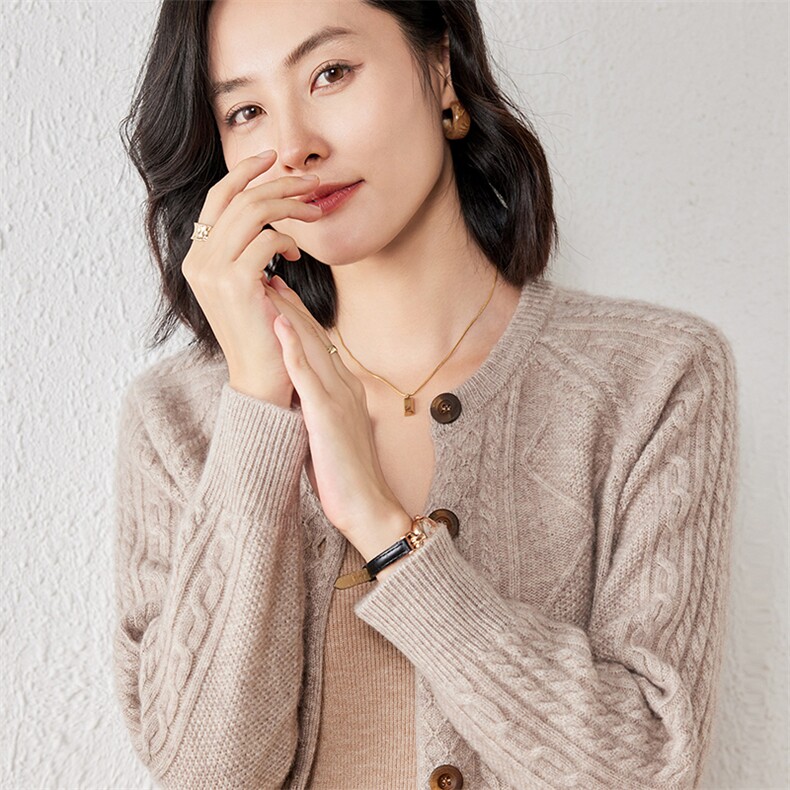 2025年秋季新款百搭女士提花圆领开衫,针织衫/毛衣,春贝羊绒