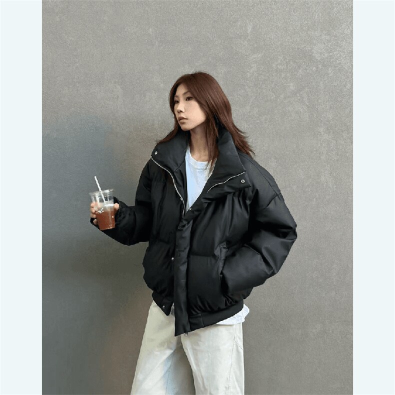 现货5W件冬季三防重磅硬挺boxy短款羽绒立领PU皮棉衣外套加厚棉服图片