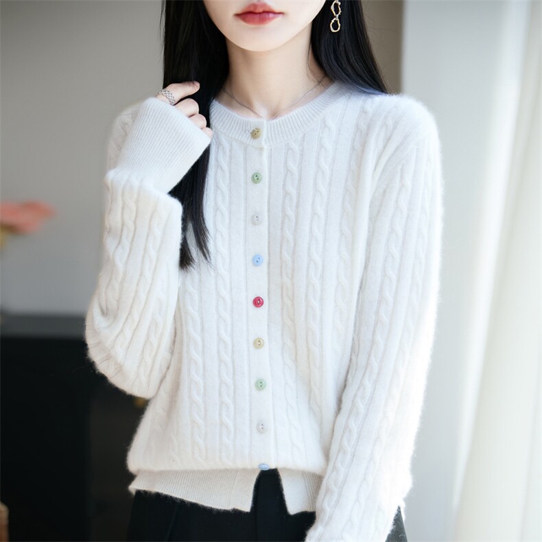 开衫针织毛衣女圆领彩扣绞花上衣宽松羊绒衫长袖打底衫,女装羊毛衫,大美人高端店