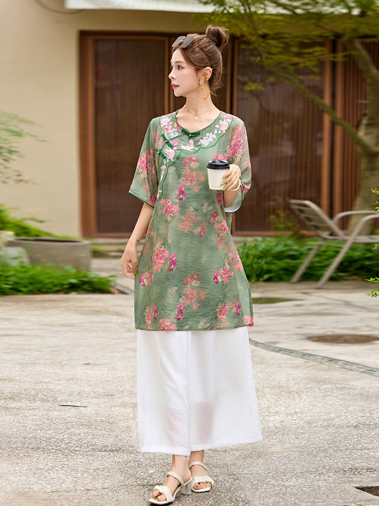 现货！夏季新款2025印花盘扣套装女时尚休闲气质宽松两件套套裤,女装套装/套裙,涵墨