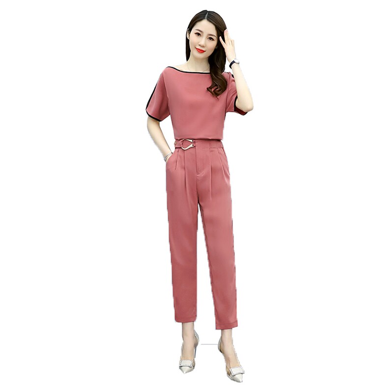 时尚减龄小脚裤套装女2021新款韩版套装修身夏装短袖两件套潮,女装职业装,丽美静依