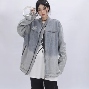 54-P63 054原版质量破洞立领蓝色牛仔外套图片