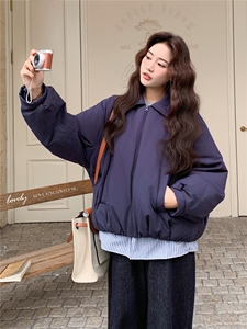 藏青色格子拼接假两件短款羽绒服女冬季2025新款设计感白鸭绒外套图片