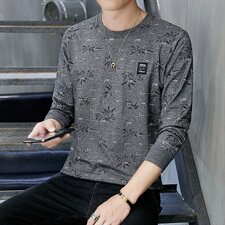 秋季长袖男彩棉薄款小叶卫衣男t恤男时尚印花圆领套头卡其9613，男装T恤，星座1207