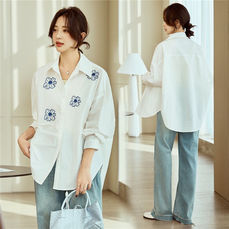 白色慵懒刺绣翻领衬衫女春季新款宽松气质衬衣设计感小众圆弧上衣，女装衬衫，梦懿尔