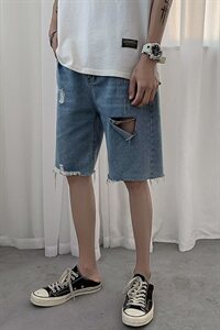 现货主推 夏季牛仔裤男宽松直筒破洞毛边港风五分短裤D图片