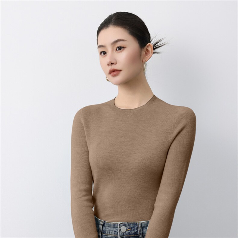 一线无缝精纺羊毛圆领打底衫女春季修身显瘦内搭长袖抽条毛衣,女装羊毛衫,庆大羊绒