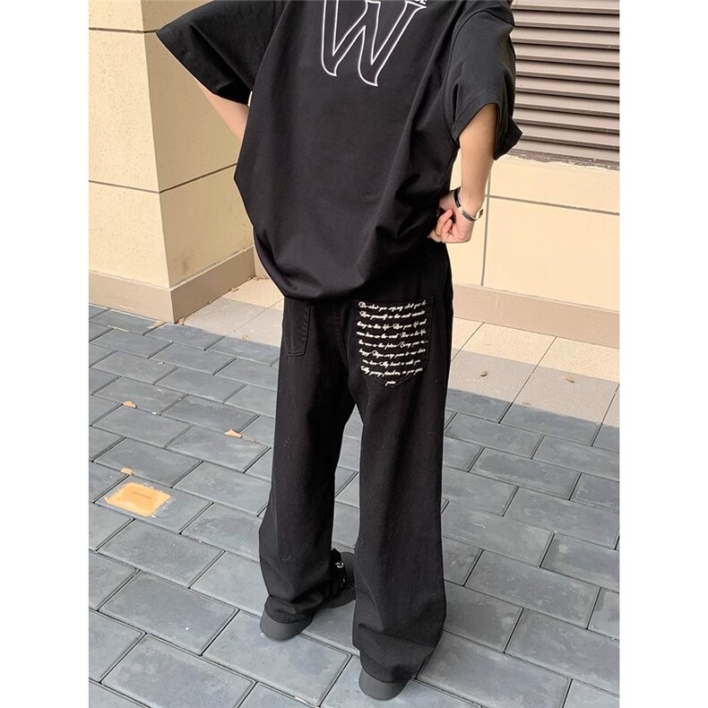 美式黑色牛仔裤男刺绣裤脚廓形Cleanfit宽松休闲直筒裤X2633图片