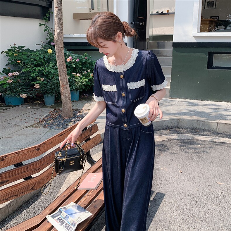 小香风牛仔套装女2025新款夏季超火今年流行爆款时尚阔腿裤两件套,女装套装/套裙,辉之琳