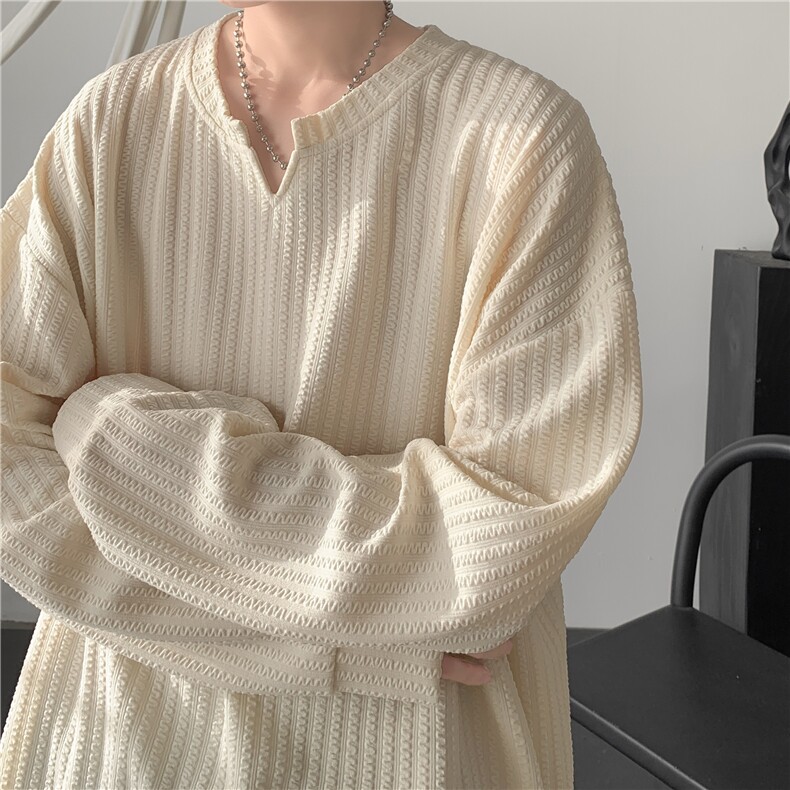 休闲长袖t恤男生秋季肌理感V领设计宽松上衣复古简约cleanfit体恤，男装卫衣，星座809A(原222-1)