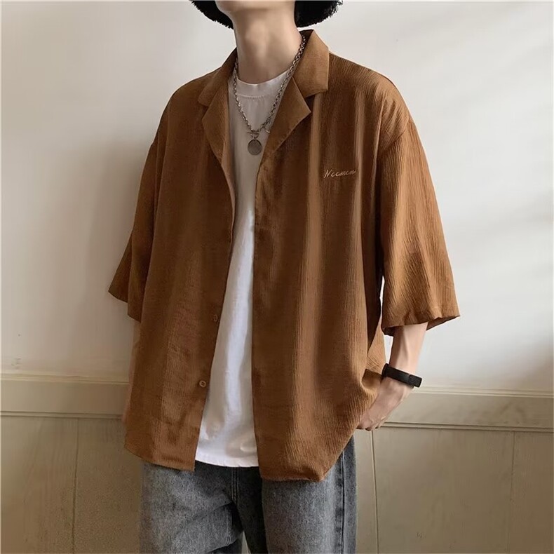 五分袖男西装领夏季时尚流行压皱衫新款潮潮流C205-P35，男装衬衫，星座910-1